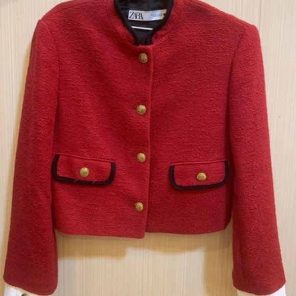 ZARA WOMAN NWT CROPPED TEXTURED WEAVE JACKET BLAZER RED 8236/795 M L - Picture 7 of 7